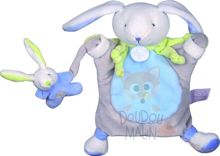  marionnette microfibre lapin bébé blanc vert bleu gris 